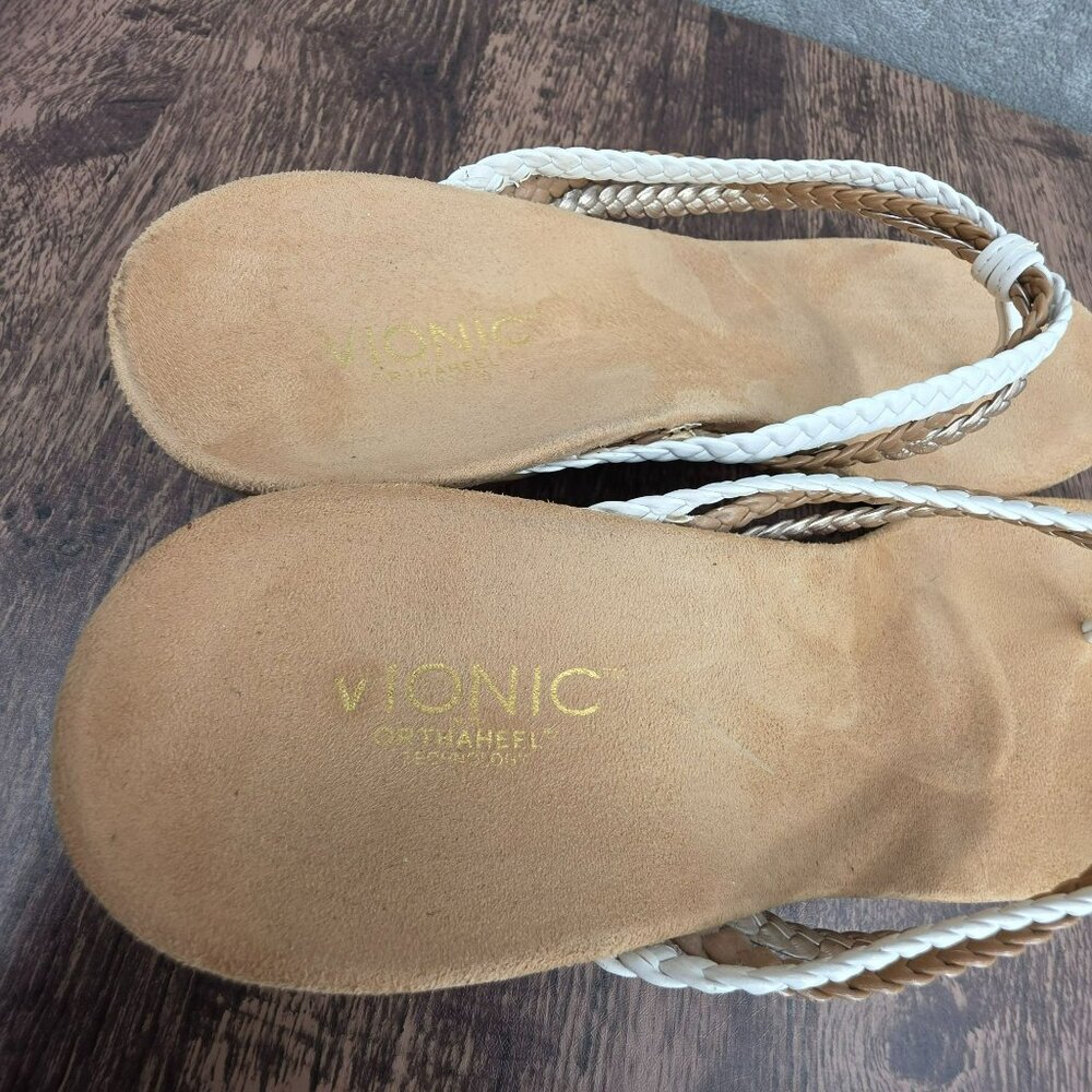 Vionic Ramba Wedge Heels 11 White Tan Metallic Gold Braided Thong Straps Beachy - Picture 3 of 13